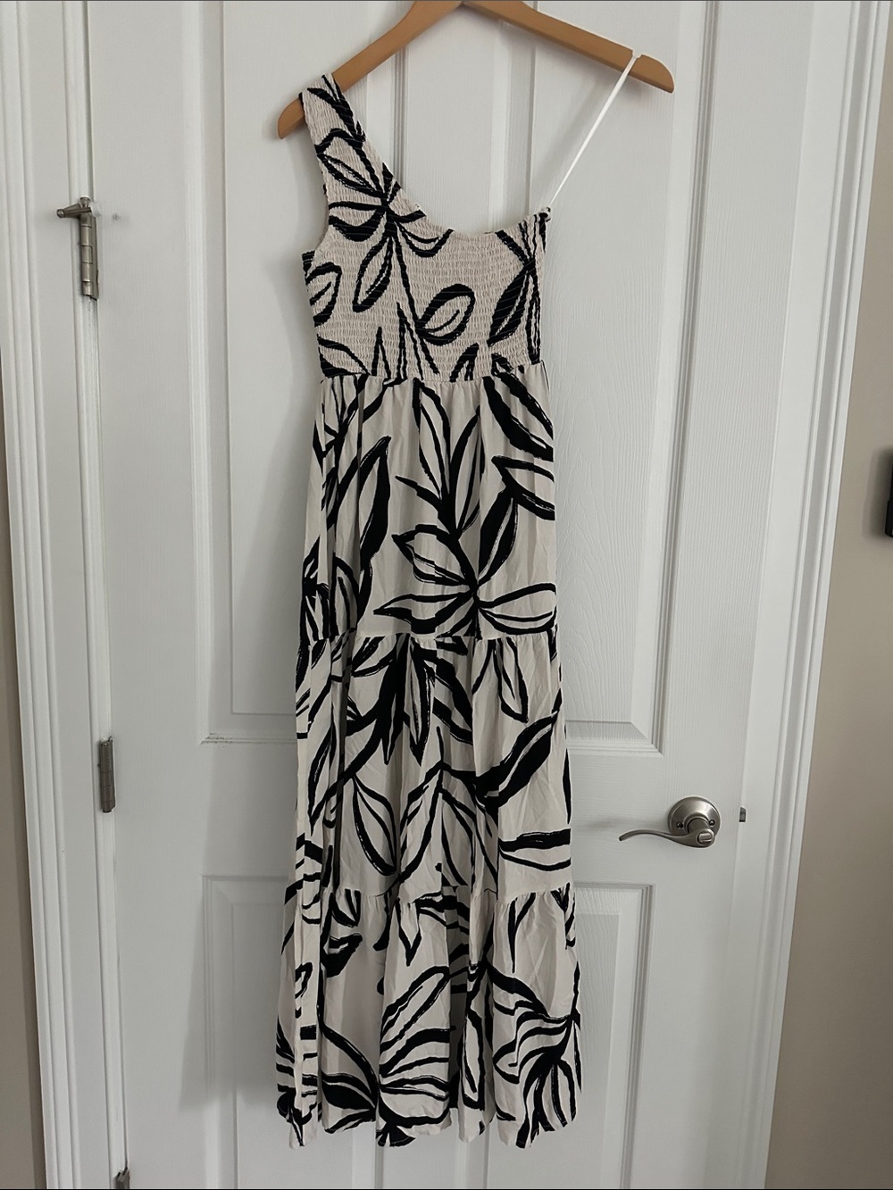 Abel the Label Cream One-Shoulder Maxi Dress with Black Leaf Print